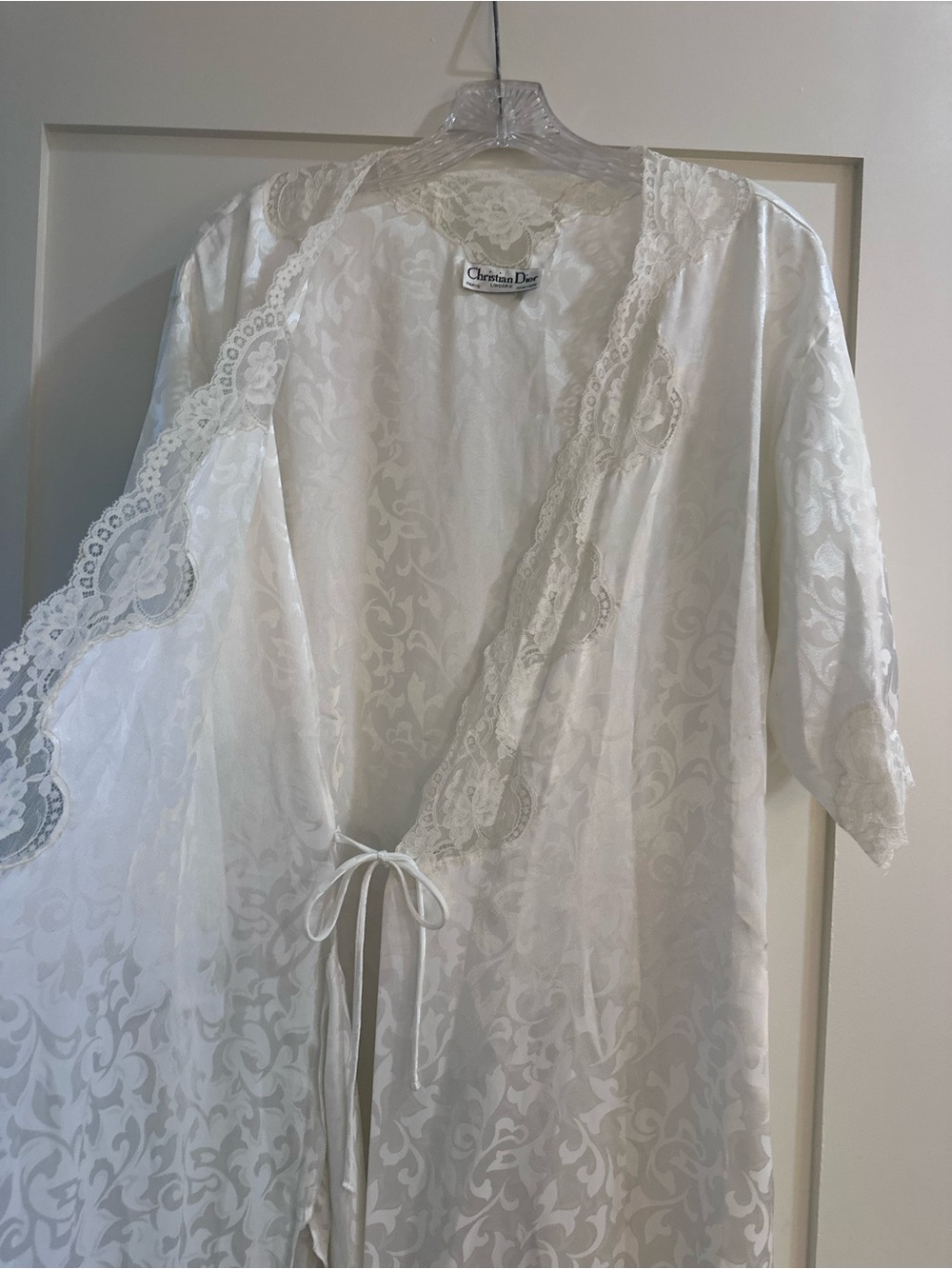 Vintage Dior Ivory Lace-Trim Satin Tie-Front Robe